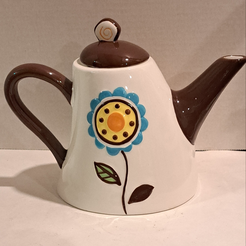 Vintage Bella Casa by Ganz Teapot/Lidded Handle Pitcher Painted Flowers.